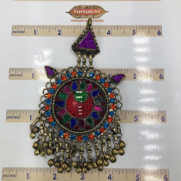 Afghan Vintage Multicolor Glass Stones Teeka, Massive Teeka With Dangling Bells main image 6